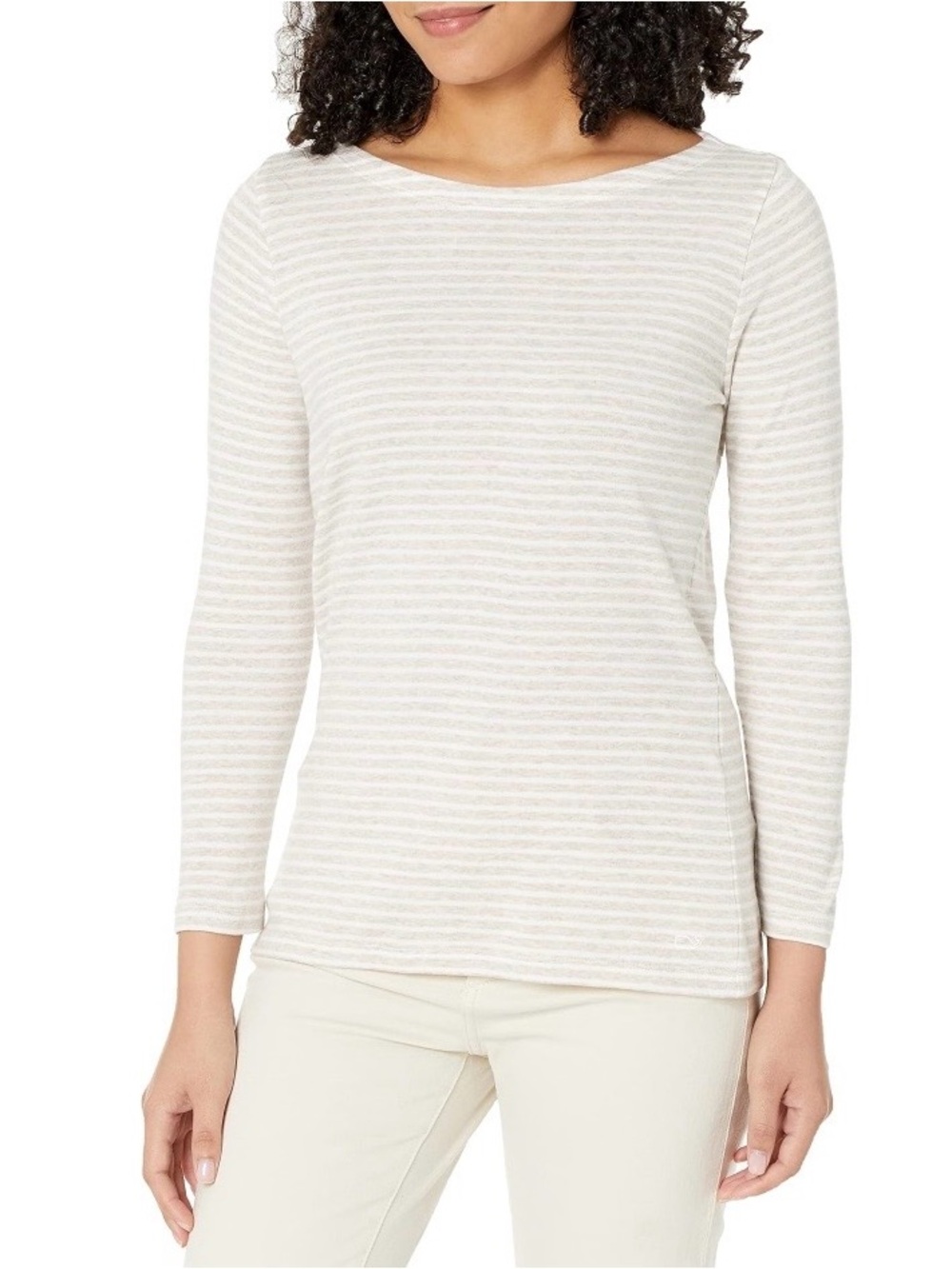 Vineyard Vines Striped Simple Boatneck 3/4 Sleeve Tee Oatmeal Heather Large NWT